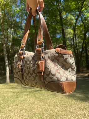 Coach Signature Canvas Shoulder Bag in Brown and Tan Leather
